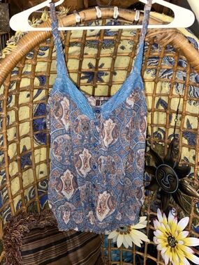 Fire Los Angeles Y2K Boho Paisley Cami Tank Top Lace V Neck Smocked